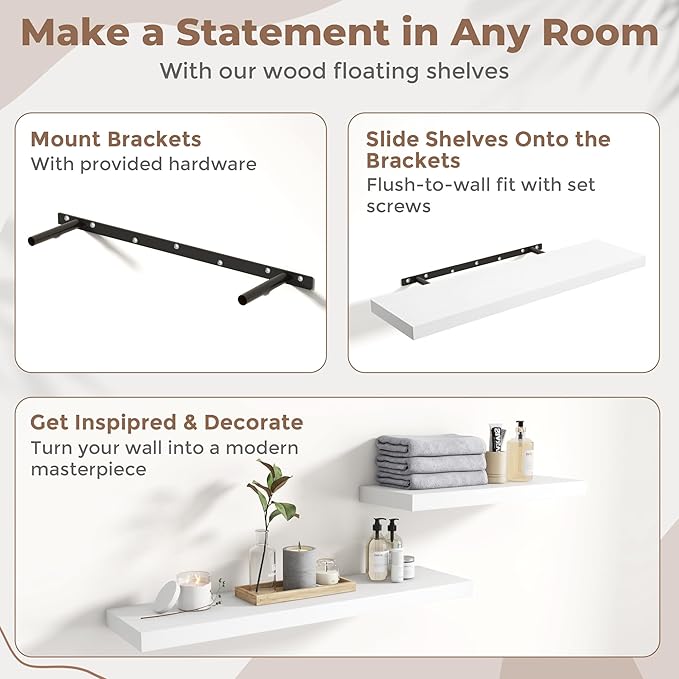 Floating Shelves for Wall with Invisible Brackets, Wall Mounted Engineered Wood Shelves with Wood Grain for Living Room, Bedroom, Bathroom, Kitchen Decor and Storage, Oak, 36"L Set of 2, White