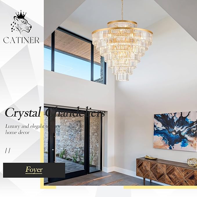 8 Tiers Large Gold Crystal Chandeliers 28 Lights 43.3" Modern Luxury Chandelier for High Ceiling Foyer Round K9 Ceiling Pendant Light Fixture for Living Dining Room Hotel Lobby