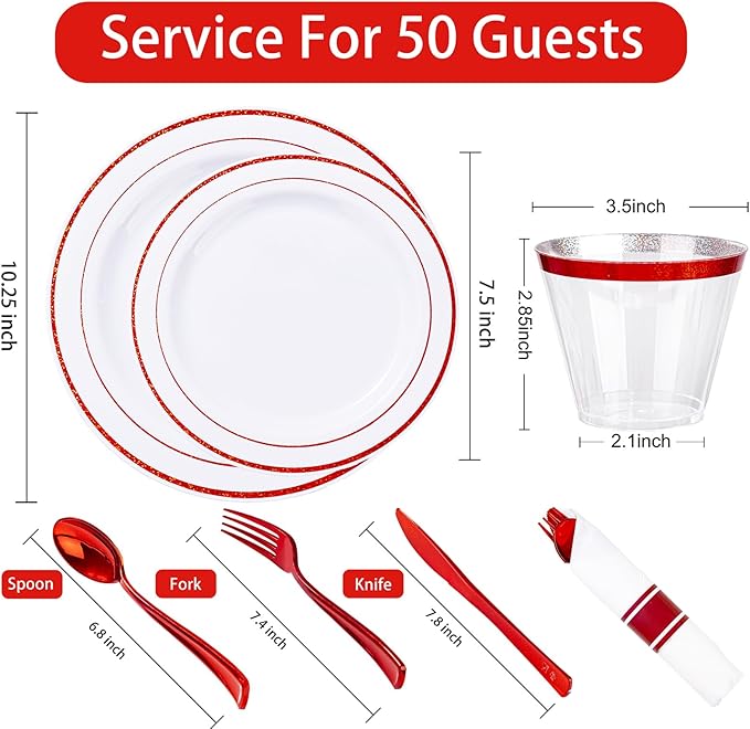 WELLIFE 350-Piece Red Plastic Party Dishware Set - 50 Dinner Plates, 50 Dessert Plates, 50 Cups, 50 Plastic Cutlery