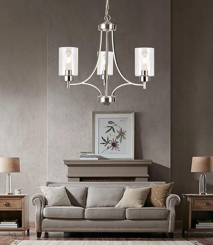 BOZO 3 Light Modern Chandelier Brushed Nickel Pendant Lighting Clear Glass Shades Contemporary Ceiling Light Fixtures for Dining Room Kitchen Living Room