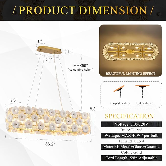 Modern Flower Glass Chandeliers for Dining Room L36” Oval Ceiling Pendant Light Fixture Luxury Gold 8-Light Contemporary Chandelier for Living Room Kitchen Island Bar, E12