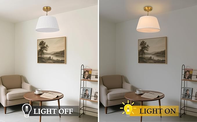 Electro bp; 12.6”Dia White Pleated Fabric Drum Shade Ceiling Light Fixture Farmhouse Brocade Linen Cone Shape Close to Semi-Flush Mount,Polished Gold,2 Sockets,E26,120W;