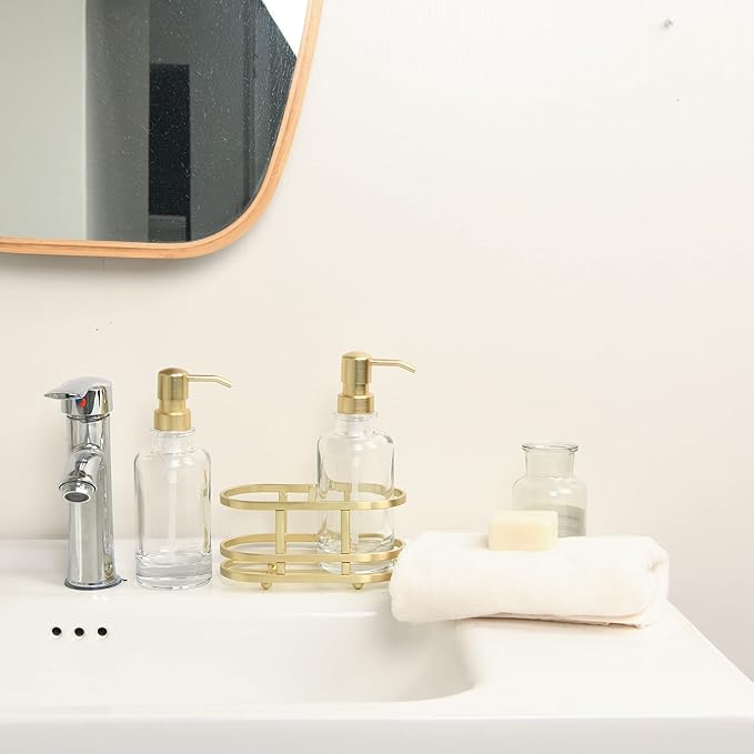 3 Piece Round Heavy Weight Glass Soap Lotion Pump Dispenser Set with Metal Caddy for Home Bath Kitchen Travel Office Hand Crafted Metal Tray Brushed Gold