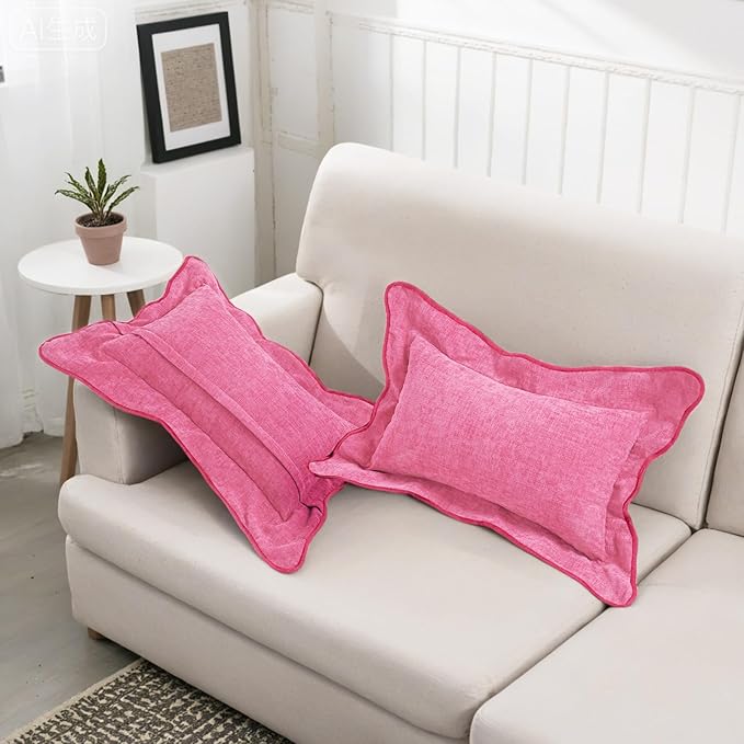 HAUSSY Scalloped Pillow Covers 12x20 Set of 2,Decorative Lumbar Throw Pillows Cute Aesthetic Preppy Cushion Covers for Couch Bed Living Room,Hot Pink