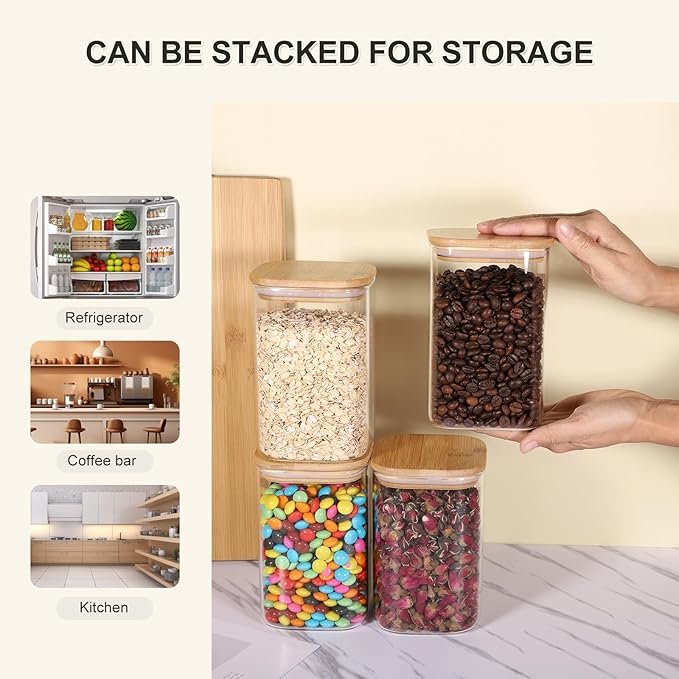 Glass Storage Jars Squar 8 Pack 26 oz Clear Glass Food Storage Containers with Airtight Bamboo Lid Stackable Kitchen Canisters for Candy,Cookie,Rice,Sugar,Flour,Pasta,Nuts and Spice Jars(Square)