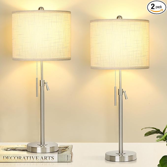 Brushed Nickel Table Lamps Set of 2: 22" to 30" Height Adjustable Nightstand Lamps with White Linen Shade | Pull Chain Switch | Silver Pole Beside Lamp for Living Room Bedroom