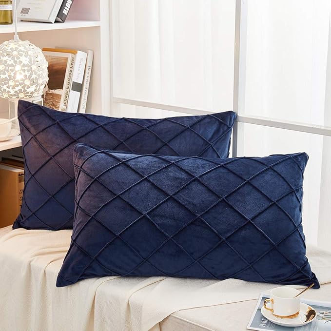 JAUXIO Diamond Pinch Pleated Crystal Velvet Pillowcases 2 Pack Solid Pintuck Throw Cushion Cover for Home Decor Hidden Zipper Closure (Navy, Standard)