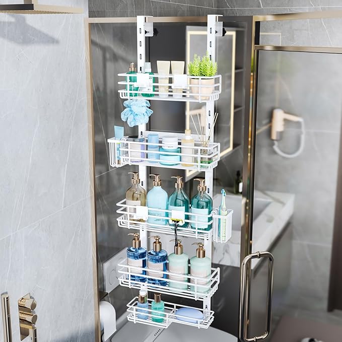 Consumest Over The Door Shower Caddy - 5 Tier Adjustable Shower Organizer Hanging with 2 Toothbrush Holders & 4 Hooks, Rustproof Oragnizer Shelf, Storage Rack for Bathroom, White