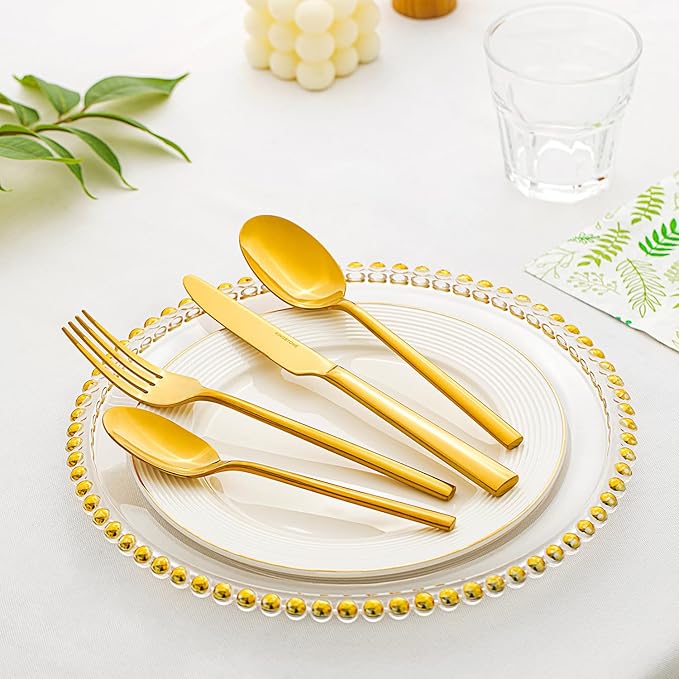 KINGSTONE Gold Silverware Set, 60-Piece Forged Flatware Set Cutlery Set Premium Stainless Steel, Service for 12, for Kitchen, Home, Wedding, Party, Mirror Polished and Dishwasher Safe