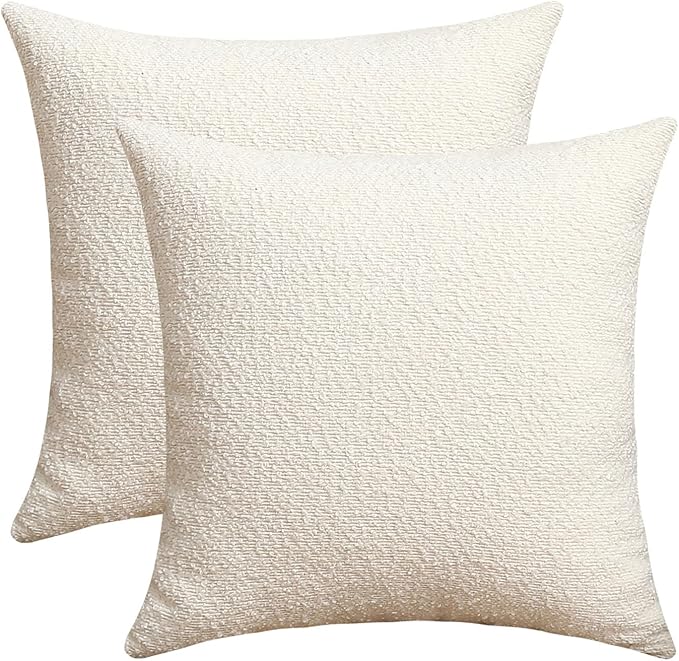Jeneoo Ivory Decorative Square Thick Throw Pillow Covers Fine Textured Boucle Couch Cushion Cases for Home Livingroom Sofa Decor, Set of 2, 18 x 18 Inch