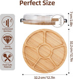 WILLKOMMEN Charcuterie Board with Lid- 6 Section Round Serving Tray with Carry Handle & Locking Lid, Portable Bamboo Serving Platter, Food Trays for Party Picnic Cheese Snack