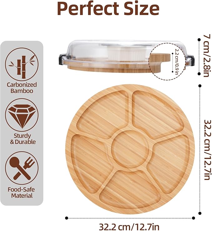 WILLKOMMEN Charcuterie Board with Lid- 6 Section Round Serving Tray with Carry Handle & Locking Lid, Portable Bamboo Serving Platter, Food Trays for Party Picnic Cheese Snack