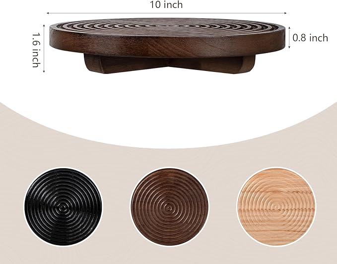 Round Decorative Tray Farmhouse Bathroom Decor Wood Riser Kitchen Countertop Organizer for Perfume, Candle, Plant, 10 inch Walnut