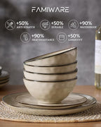 Famiware Dinnerware Sets for 4, Ocean Round 12-Piece Kitchen Plates and Bowls Sets, Microwave and Dishwasher Safe, Scratch Resistant, Light khaki