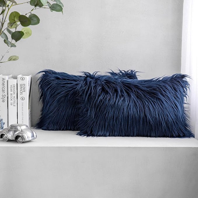 Phantoscope Pack of 2 Faux Fur Solid Throw Decorative Pillow Cover Cushion Covers Luxury Soft Decorative Pillowcase Fuzzy Pillow Covers for Bed/Couch,Navy Blue 12 x 20 Inches