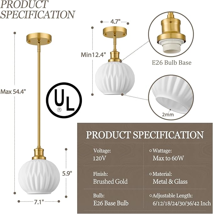 Milk Glass Pendant Lights Kitchen Island, 1-Light 7.1" Brushed Gold Modern Pendant Light Fixtures with Rods, Globe Hanging Lighting for Kitchen Sink Bathroom Dining Room, E26 Base