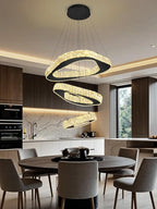 Modern Black Chandelier Adjustable 3 Rings Crystal Chandelier for Living Room Foyer Stairwell Lighting High Ceiling Light Dimmable 2700K-6000K