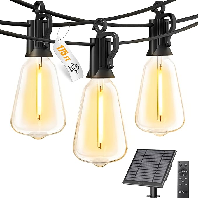 Brightown 175FT Solar String Lights Outdoor Waterproof with Remote, 56+1 LED Shatterproof Bulbs, Dimmable & Timable, 3 Light Modes - Commercial Grade Patio Lights for Garden Backyard Party Decor