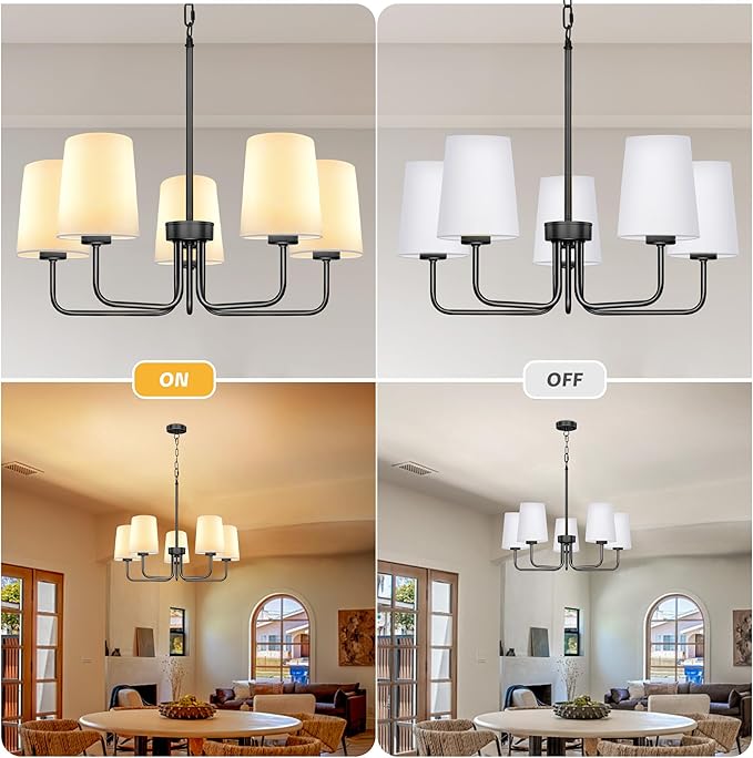 Farmhouse Chandelier, 5-Light Black Chandelier with White Fabric Shade, Height Adjustable Modern Dining Room Light Fixture with E26 Base for Bedroom Foyer Hallway Entryway Kitchen Living Room