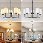 Farmhouse Chandelier, 5-Light Black Chandelier with White Fabric Shade, Height Adjustable Modern Dining Room Light Fixture with E26 Base for Bedroom Foyer Hallway Entryway Kitchen Living Room