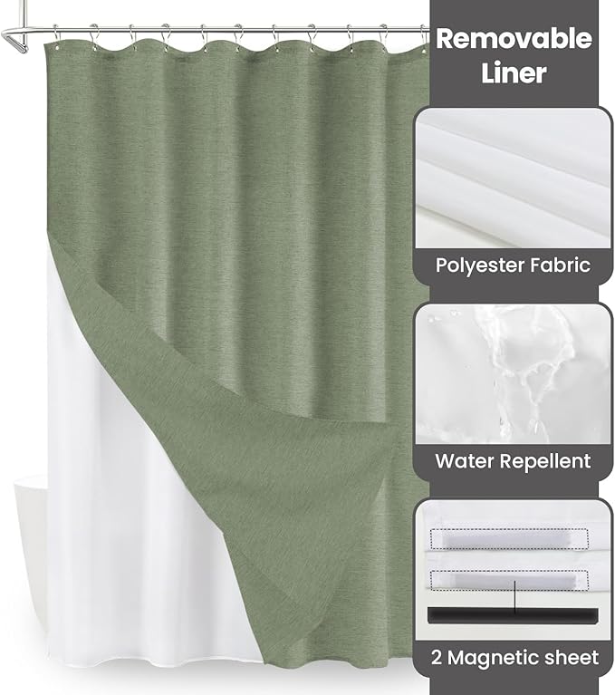 Inhousolu Boho Farmhouse Shower Curtain with Fabric Liner Set, Faux Linen Textured, 14 Metal Hooks Luxury Weighted Hem, Washable Wrinkle Free Bath Curtain for Hotel Bathroom 72" W x 84" L Sage Green