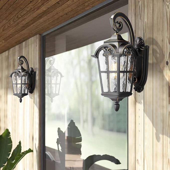 Emliviar Outdoor Light Fixtures Wall Mount - Vintage Large Exterior Light Fixture for Porch 17.5 Inch, Black Finish with Water Glass Shade, WE215B BG