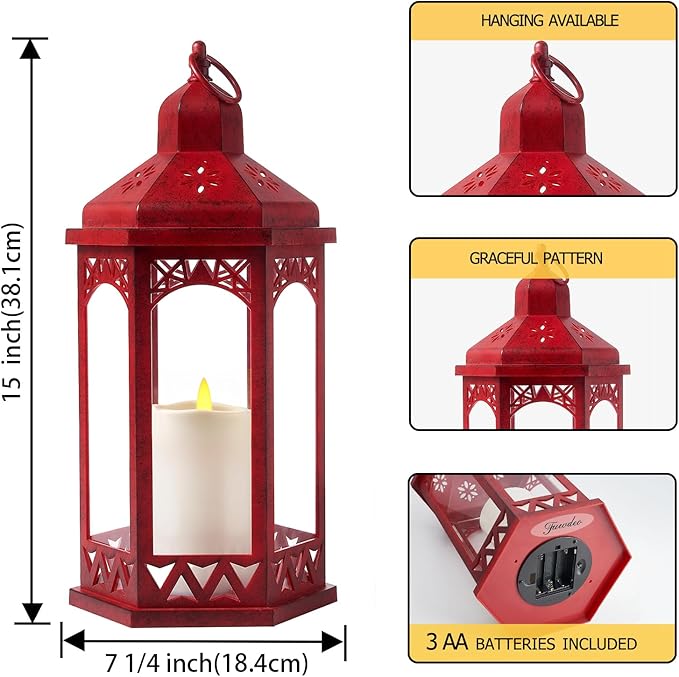 LED Hexagon Lantern with Flameless LED Candle, Unique Shape and Pattern to Give an Upscale Garden Party Vibe. Suitable for Home & Outdoor Usage,Special Event or Wedding.Battery Powered (Red)