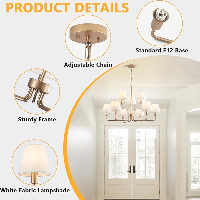 9-Light Gold Chandelier Light Fixture with White Fabric Shades, 33 inch Modern Farmhouse Dining Room Light Fixtures, 2 Tiered Lantern High Ceilings Pendant Light for Foyer Entryway Living Room Kitchen