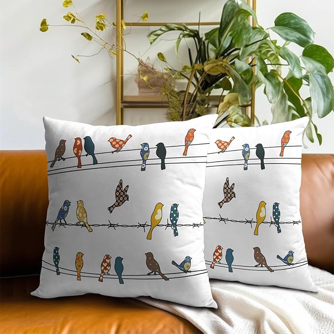 Birds Throw Pillow Covers 16 x 16 Inches Set of 2 Rustic Farmhouse Vintage Rowley Bird Print Multicolor Cotton Linen Pillowcase for Couch Sofa Car Office Decoration