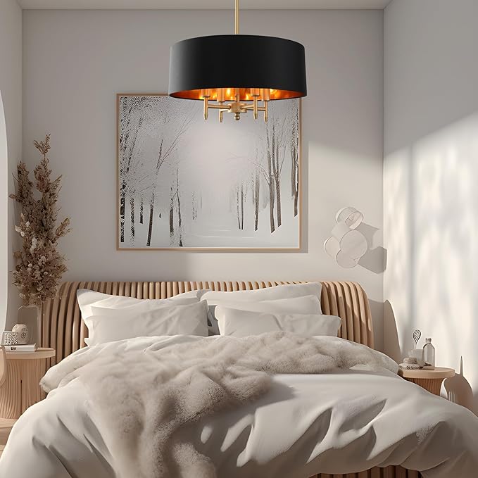 Black Drum Chandelier Gold Drum Shade Chandelier 4-Light Modern Linen 17.75“Chandeliers Light Fixture for Dining Room, Bedroom, Kitchen Island, Living Room, E12,Rod Adjustable
