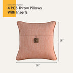 Outdoor Decorative Pillows with Coconut Button Pack of 4, 16" x 16" Outdoor Pillow Set for Couch Bed Throw Patio Sofa, Light Lotus Red