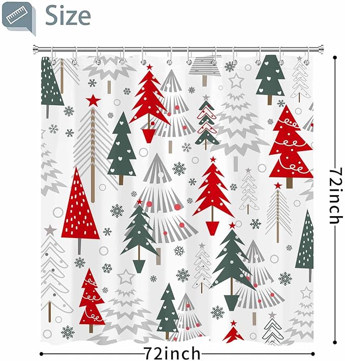 Christmas Shower Curtain Merry Xmas Tree Shower Curtains Sets Winter Farmhouse Holiday Polyester Waterproof Fabric Washable Decorative Bathroom Curtain 72" x 72" with 12 Hooks