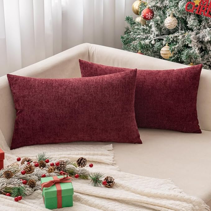 MIULEE Pack of 2 Christmas Couch Throw Pillow Covers 12x20 Inch Soft Wine Red Chenille Pillow Covers for Sofa Living Room Solid Dyed Pillow Cases