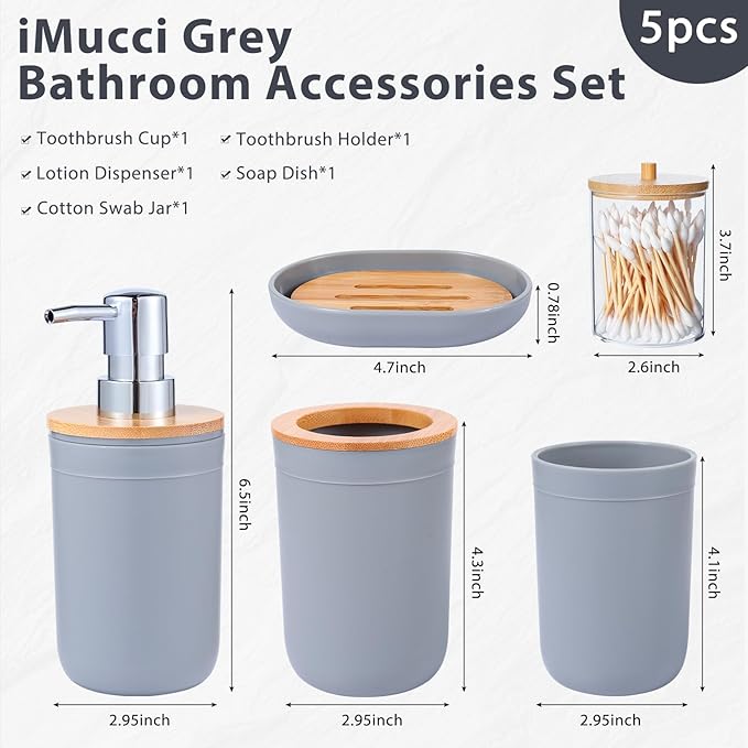 iMucci Bathroom Accessories Set 5Piece Grey Bathroom Sets, Toothbrush Holder, Toothbrush Cup, Lotion Soap Dispenser, Soap Dish and Qtip Holder Bathroom Decor