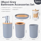 iMucci Bathroom Accessories Set 5Piece Grey Bathroom Sets, Toothbrush Holder, Toothbrush Cup, Lotion Soap Dispenser, Soap Dish and Qtip Holder Bathroom Decor