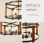 Farmhouse Wood Chandelier,18 Inch Black Modern Rustic Vintage Hanging Pendant Ceiling Light Fixture for Dining Room Bedroom Kitchen Island Hallway Foyer Entryway（4 Light