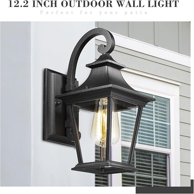 Emliviar Outdoor Porch Light, Modern Outside Wall Light Fixture for House Garage, Clear Glass in Black Finish, 12" Height, XE219B BK