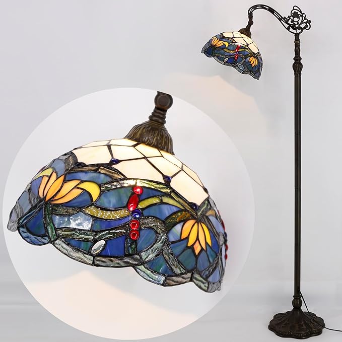 WERFACTORY Tiffany Floor Lamp Blue Lotus Flower Stained Glass Arched Lamp 12X18X64 Inch Gooseneck Adjustable Corner Standing Reading Light Decor Bedroom Living Room S220 Series