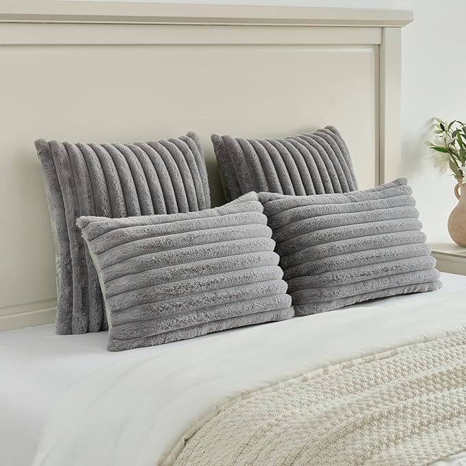 FUTEI Grey Striped Decorative Throw Pillow Covers 18x18 Inch Set of 2,Square Winter Decorations Couch Pillow Case,Soft Cozy Faux Rabbit Fur & Velvet Back,Modern Home Decor for Bed