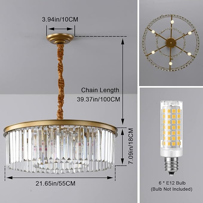 Gold Modern Crystal Chandelier, 2-Tier Round Flush Mount Ceiling Light Fixtures Height Adjustable Pendant Lighting for Dining Room Living Room Bedroom Kitchen Hotel Foyer
