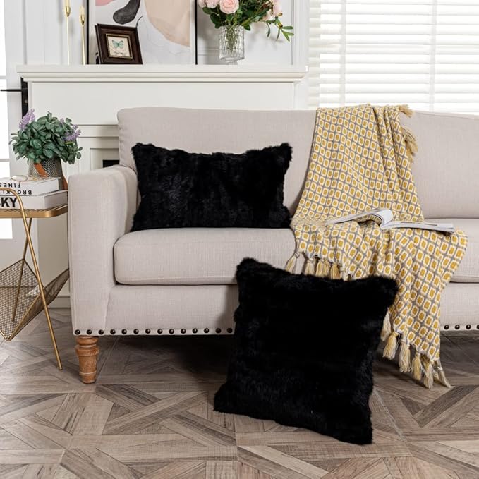 Rabbit Skin Fur Luxury Pillowcases Cushion Cover Soft Throw Cases for Living Rooms Covers Fur Pillow Case Cushion (Black, 30×50cm（12in×20in）)
