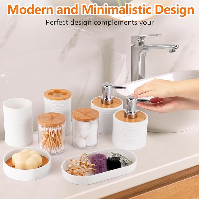 Bathroom Accessory Set,10 PCS White Bathroom Accessories Set with Trash Can, Toothbrush Holder, Soap Dispenser, Toothbrush Cup, Vanity Tray, Soap Dish, Toilet Brush, Qtip Holders
