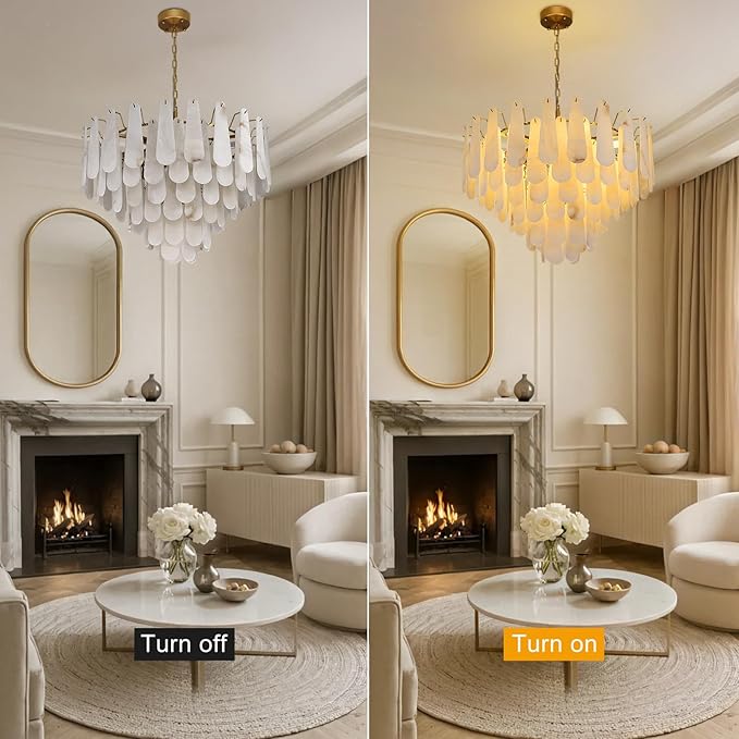 Alabaster Round Chandelier, 32 In 92 PCS Natural Spanish Marble Stone Texture Chandelier, 6-Tiers Modern Luxury Brass Chandeliers for Dining Room, Living Room, Bedroom, Entryway, Foyer(Bulbs Included)