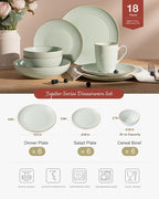 Famiware Jupiter Dinnerware Set, Plates and Bowls Dish Sets for 6 (18 Pieces), Microwave and Dishwasher Safe Stoneware Speckled Tableware, Chip and Scratch Resistant, Light Green