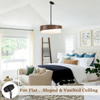 21.5'' Farmhouse Chandeliers for Dining Room Light Fixtures 5-Light Wood Grain Finish Drum Chandelier with Fabric Shade Round Rustic Pendant Lighting for Foyer Bedroom Living Room Kitchen，E26