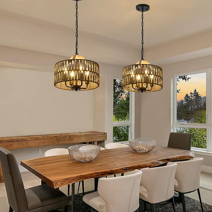Antique Dining Room Light Fixture, 4-Light Rattan Pendant Light with Drum Shade, Adjustable Woven Wicker Ceiling Hanging Light, Farmhouse Boho Chandelier for Living Room Kitchen Island