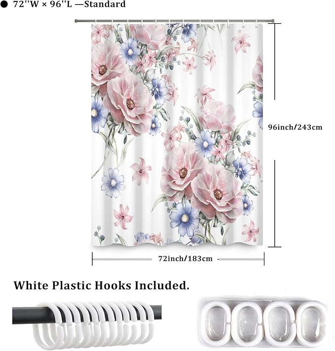 Colorful Floral Shower Curtain Watercolor Flower Modern Design Bathroom Curtain Girls Pretty Plant Decor Shower Curtain with Hooks Waterproof Polyester Fabric 72x96 Inch