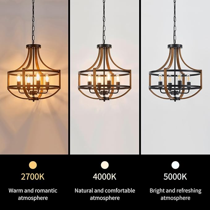 Farmhouse Chandelier for Dining Room 16.9" Wooden Chandelier 4-Light Rustic Candle Chandeliers Modern Faux Wood Vintage Chandeliers Light Fixture for Kitchen Foyer Hallway Entryway Bedroom