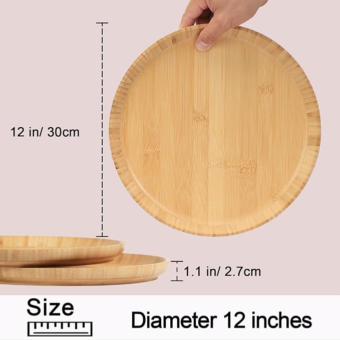 Bamboo Wooden Dinner Plates Set of 2, 12-inch Large Serving Tray for Cafes and Restaurant, Reusable Round Serving Platters and Trays for Snacks/Fruit for Entertaining and Party