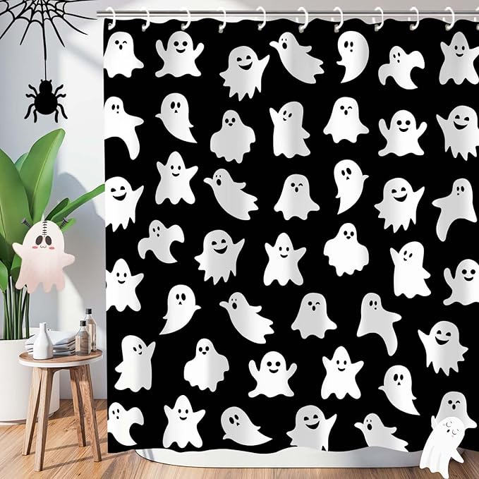 Metawu Halloween Shower Curtain Ghost Shower Curtains Sets Spooky Boo Bathroom Curtain for Kids Washable Waterproof Bathtubs Curtains 72"×72" with 12 Hooks Bathroom Decoration